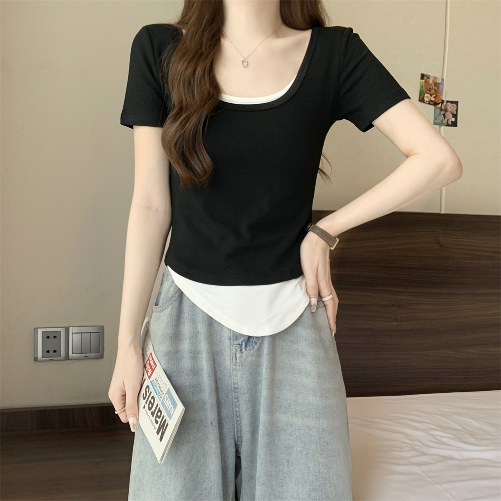 MY813# 纯棉92棉/8氨纶短袖T恤女拼接假二件女裝貨源服裝批發