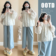 批发实拍2026春款蕾丝印花娃娃衫+宽松阔腿甜美<b class='q'>百搭</b>显瘦孕妇套装