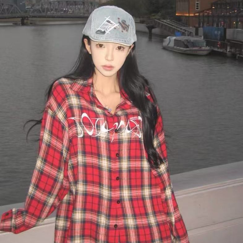 MY16384# 爆款美式复古红色刺绣格子衬衫潮牌长袖hiphop高街衬衣...