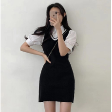 批发天猫抖音质量夏季学院风撞色泡泡袖针织<b class='q'>连衣裙</b>女收腰甜辣包臀短裙