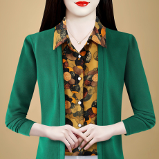 批发2026春季新款假两件长袖女士针织衫衬衣<b class='q'>妈妈</b>装时尚减龄百搭上衣