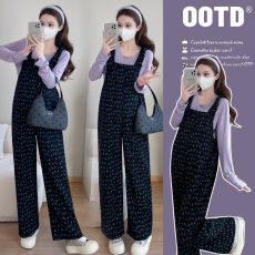 批发实拍2025春季高弹打底针织+<b class='q'>碎花</b>背带裤孕妇时尚显瘦两件套装