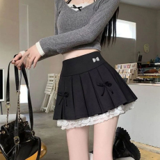 批发蝴蝶结<b class='q'>蕾丝</b>纯色百褶裙女夏季小个子高腰<b class='q'>西装</b>半身裙防走光a字短裙