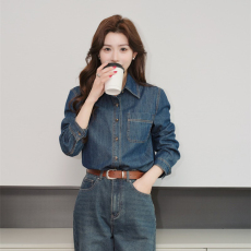 批发实拍叠穿内搭复古港风衬衣外套女2025春季长袖<b class='q'>牛仔</b>衬衫上衣设计感