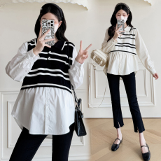 批发实拍2025秋装孕妇潮妈气质上衣条纹假两件衬衫宽松遮肚显瘦上衣