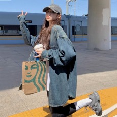 批发oversize牛仔外套女2024秋冬新款大码设计感复古慵懒风中长款褂子