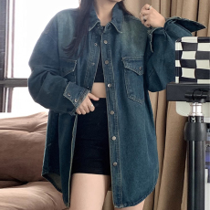 批发oversize牛仔外套女2024秋冬新款大码设计感复古慵懒风中长款褂子