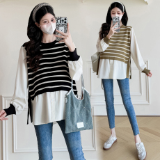 批发实拍秋装新款2025孕妇装时尚条纹拼接假两件衬衫百搭娃娃衫上衣