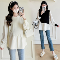 批发实拍秋装新款2025孕妇装时尚上衣拼接设计感开叉假两件衬衫娃娃衫