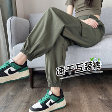 批发外贸薄款速干工装裤<b class='q'>女</b>春季高腰显瘦哈伦高腰阔腿美式运动束脚裤