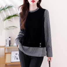 批发2026新款时尚假两件丝绒拼接格子<b class='q'>衬衣</b>欧洲站大码百搭时尚打底上衣