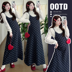 批发孕妇装2025秋<b class='q'>冬</b>款两件套连衣裙蕾丝打底上衣印花吊带裙套装