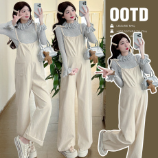 批发孕妇新款2025秋冬装两件套设计花边领上衣外出背带裤套装