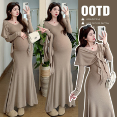 批发孕妇春装2026新款韩系极简针织V领带披肩长款两件套连衣裙