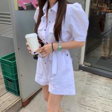 批发韩国工装风泡泡袖连体裤女复古时尚设计感系带高腰显瘦阔腿短裤