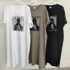 批发韩国夏季女大码长款过膝长裙短袖T恤裙女时尚开叉字母印花连衣裙