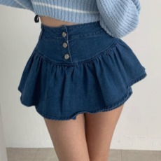 批发现 春新 高腰时尚水洗压褶花苞A摆显瘦牛仔短<b class='q'>裤</b>裙