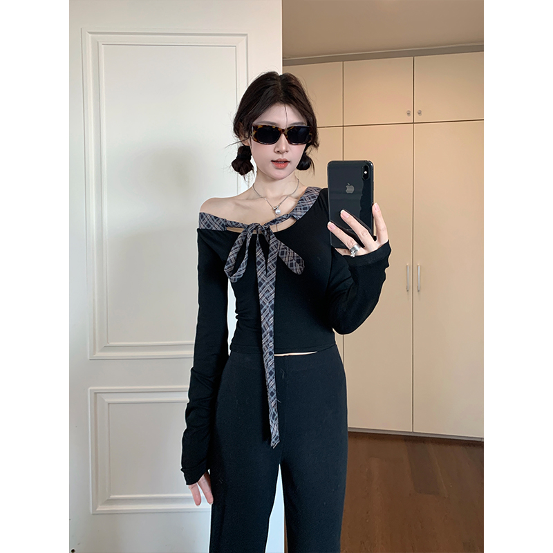 실사 빅 사이즈 여성 의류 통통한 여동생 V넥 오프숄더 긴팔 티셔츠 디자인 센스 패치워크 슬림해 보이는 나비 매듭 맨위