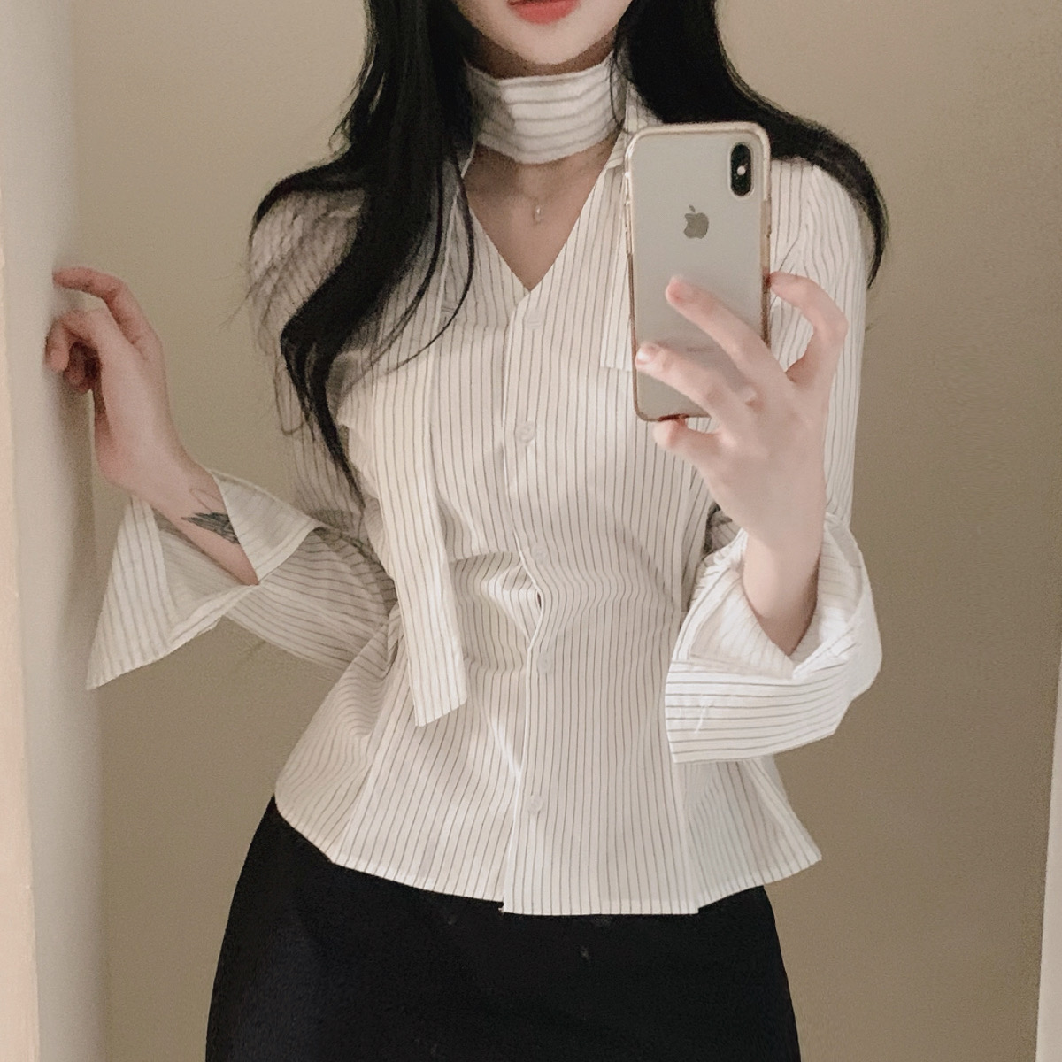 크기 있음 업데이트 한국 chic 작은 대중 V넥 리본 허리 수축 다용도 맨위 스트라이프 셔츠