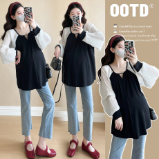 批发2025新款有货实拍春<b class='q'>韩版</b>秋拼接宽松弹力雪纺休闲遮肚气质T恤