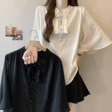 实拍2026春季新款胖MM新中式改良提花衬衫喇叭袖国风衬衣上衣女