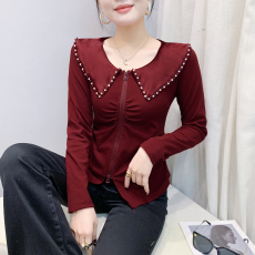 批发实拍2026<b class='q'>春</b>季新款时尚气质修身显瘦娃娃领长袖钉珠拉链款T恤小衫