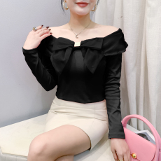 批发实拍2026年<b class='q'>春</b>季新款性感一字领T女长袖洋气设计感蝴蝶结上衣修身