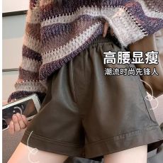 批发美拉德棕色皮短裤女2025春秋外穿抗皱机车高腰阔腿a字打底短裤女