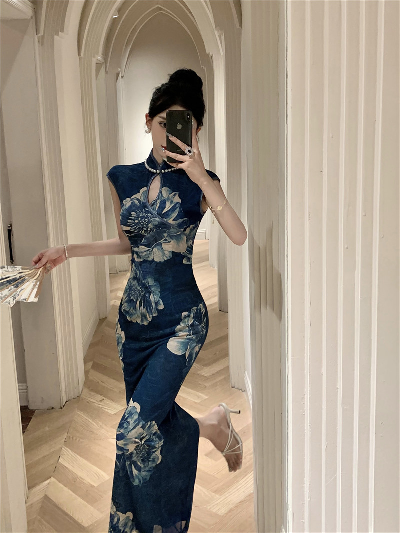 时尚珍珠链条定位花朵网纱旗袍连衣裙 服裝批發女裝批發服飾貨源