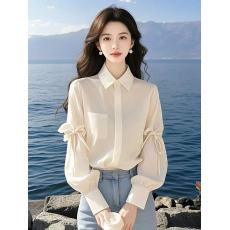 有货 2026春秋季新款法式长袖衬衫白色蝴蝶结飘带衬衫上衣女