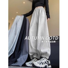批发白灰色美式运动裤女春秋款高腰显瘦束脚裤小个子休闲香蕉裤