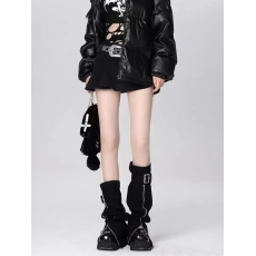 批发黑色辣妹阔<b class='q'>腿</b>袜套女y2k辣妹显瘦拉链设计jk皮扣堆堆靴套牛仔<b class='q'>腿</b>套