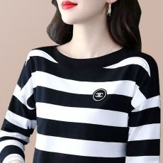 批发纯棉长袖t恤女<b class='q'>春</b>秋2025新款气质妈妈圆领打底衫宽松百搭上衣条纹