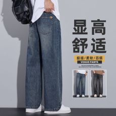 批发实拍<b class='q'>日系</b>水洗直筒半松紧牛仔裤男士美式高街<b class='q'>复古</b>大码宽松阔腿裤子