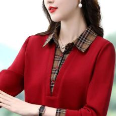批发长袖t恤女<b class='q'>春</b>秋装翻领2025新款中年妈妈假两件格子上衣衬衫打底衫