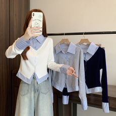 批发实拍2026春装新款胖mm<b class='q'>大码</b>女假两件条纹拼接修身上衣衬衣T恤