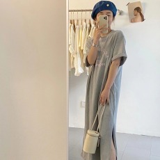 批发仿棉牛奶丝#大码女装胖妹睡裙女夏季新款圆领宽松百搭<b class='q'>孕妇</b><b class='q'>连衣裙</b>