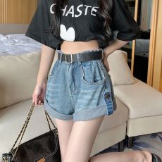 批发卷边牛仔短<b class='q'>裤</b>女夏<b class='q'>大</b>码胖妹妹mm高腰宽松遮胯显瘦韩版a字阔腿热<b class='q'>裤</b>