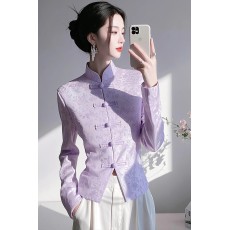 批发新中式女装国风紫色提花<b class='q'>衬衫</b>2026早秋季高端盘扣上衣改良唐装<b class='q'>衬衣</b>