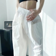 批发美式复古夏季薄款白色伞兵裤女高腰夏季宽松抽绳运动休闲工装裤