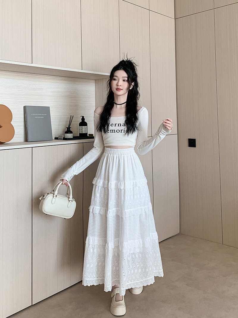 실사 봄 여름 낭만주의 레이스 패치워크 우산 치마 여성 새로운 루즈핏 슬림해 보이는 허리밴드 반신 스커트 화이트 중간 길이 스커트