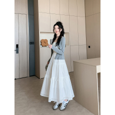 批发实拍新款韩版镂空花边拼接白色半身裙女<b class='q'>甜美</b>显瘦a字中长裙伞裙