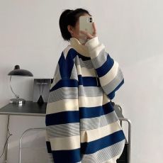 批发高品质~<b class='q'>韩国</b>chic大码条纹<b class='q'>卫衣</b>女春装新款韩版翻领拉链长袖t恤上衣