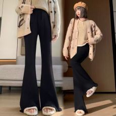 批发黑色加厚软糯流苏针织微喇叭裤子女秋冬款高腰显瘦垂感拖地阔腿裤