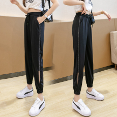 批发实拍高腰冰丝休闲裤女2025春夏韩版宽松烫钻显瘦哈伦束脚裤九分裤