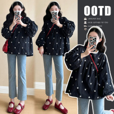 批发现实拍 秋季新款韩版宽松刺绣衬衫孕妇上衣