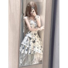 批发法式设计感蝴蝶印花<b class='q'>吊带</b>连衣裙女夏季不规则网纱半身裙时尚套装裙