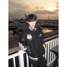 重工刺绣毛呢拼皮美式男女款春秋季新款高街个性夹克棒球服