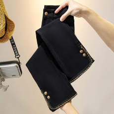 批发实拍<b class='q'>大码</b>女装2026春款排扣微喇裤时尚高腰弹力黑色开叉九分裤