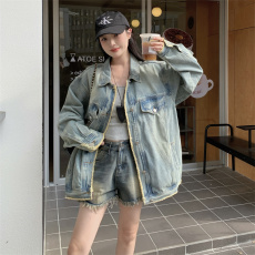 批发实拍大码胖M 复古男友风早春chic水洗廓形休闲<b class='q'>牛仔外</b>套